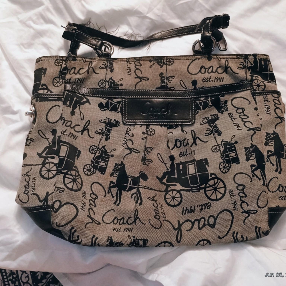 Coach Signature Print Shoulder Bag in Tan and Black